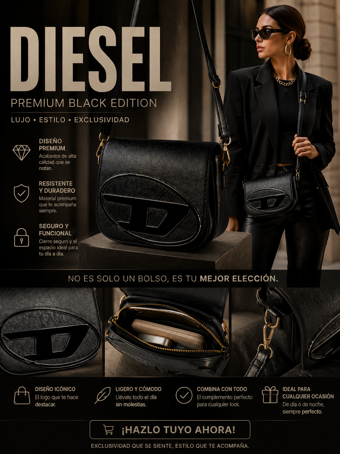 Bolso Diesel Premium Black Edition ✨